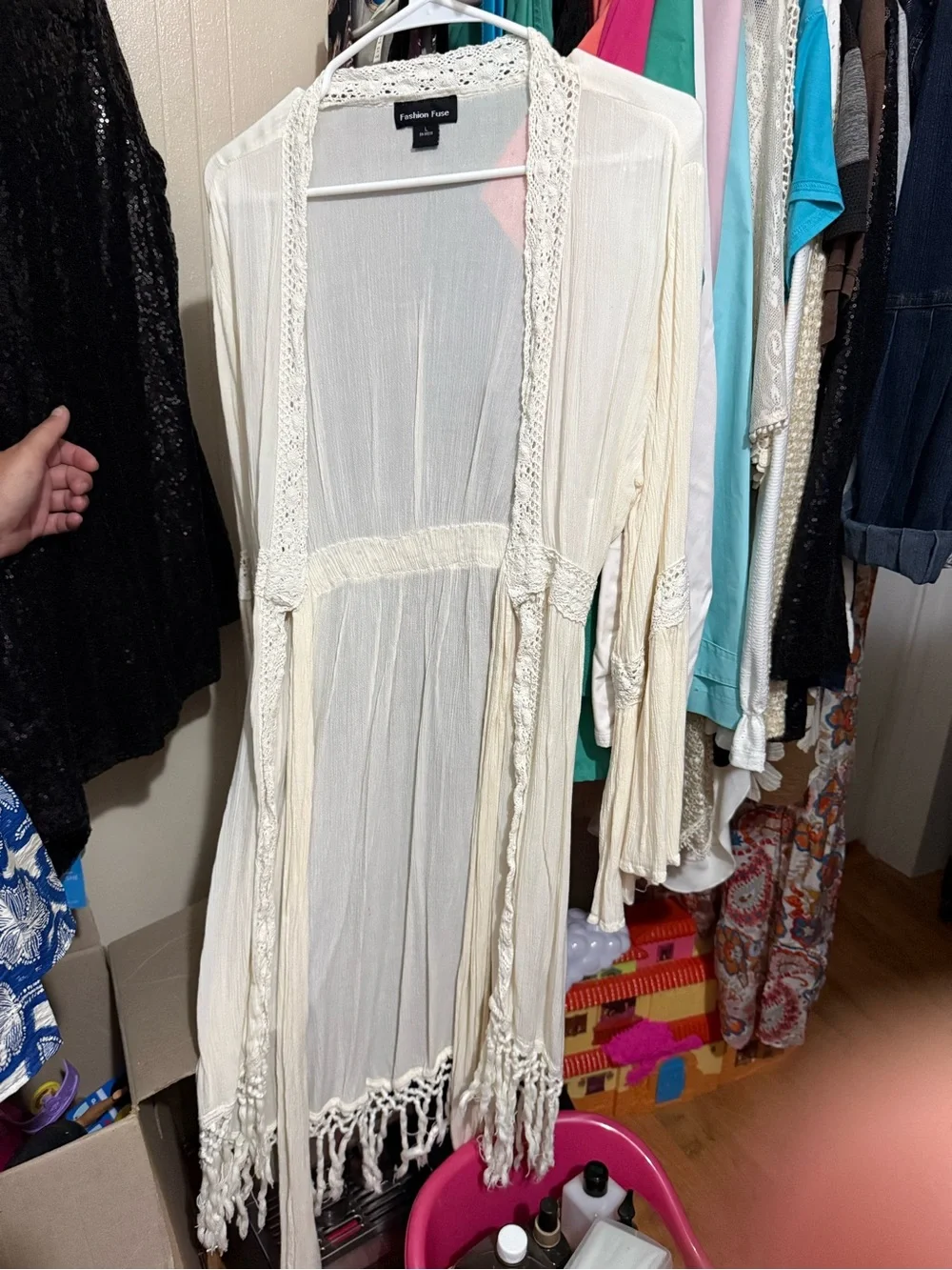 Fashion Puzzle Cream Crochet Trim Fringe Kimono